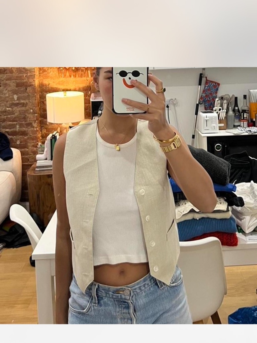 Sleeveless Cream Button-Front Vest Top
